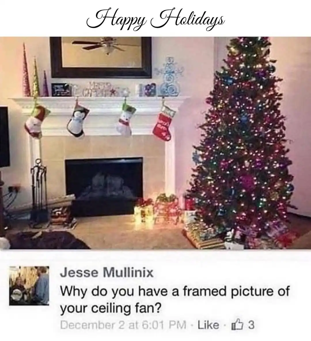 A festive holiday photo shows a decorated Christmas tree and fireplace mantel with stockings, but a framed picture of a…