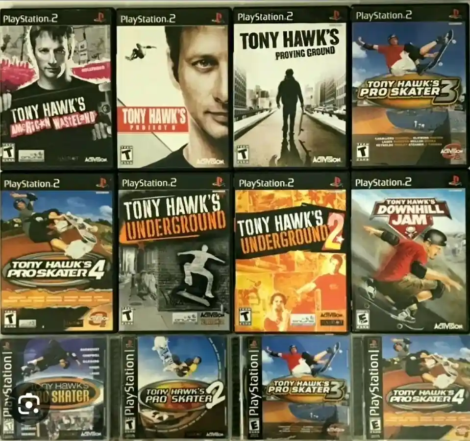 A grid of ten Tony Hawk's skateboarding video game covers for PlayStation 2 and PlayStation 1, arranged in three rows. The…
