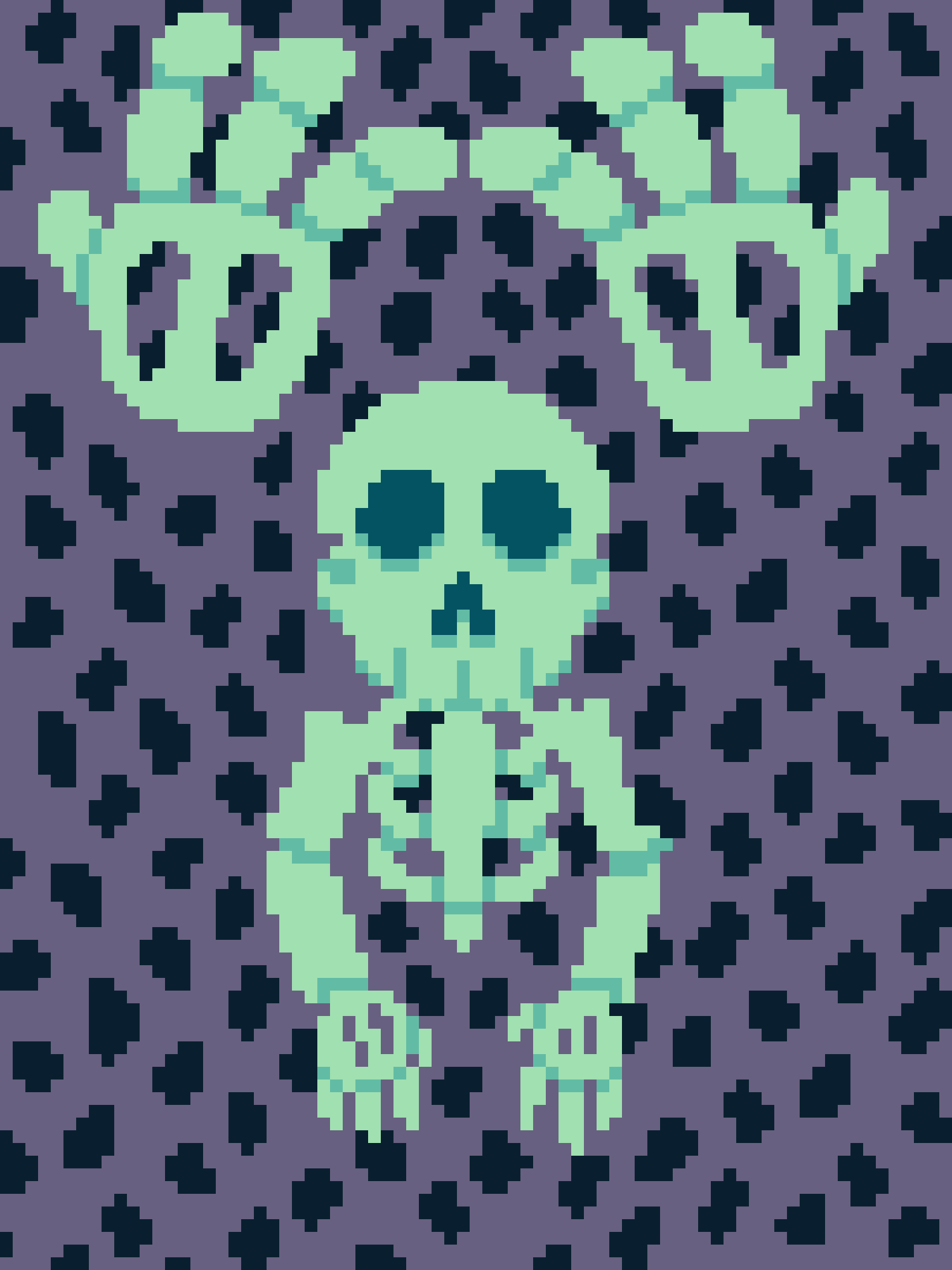A pixelated, light green alien with large black eyes and a small mouth stands against a purple background with scattered…