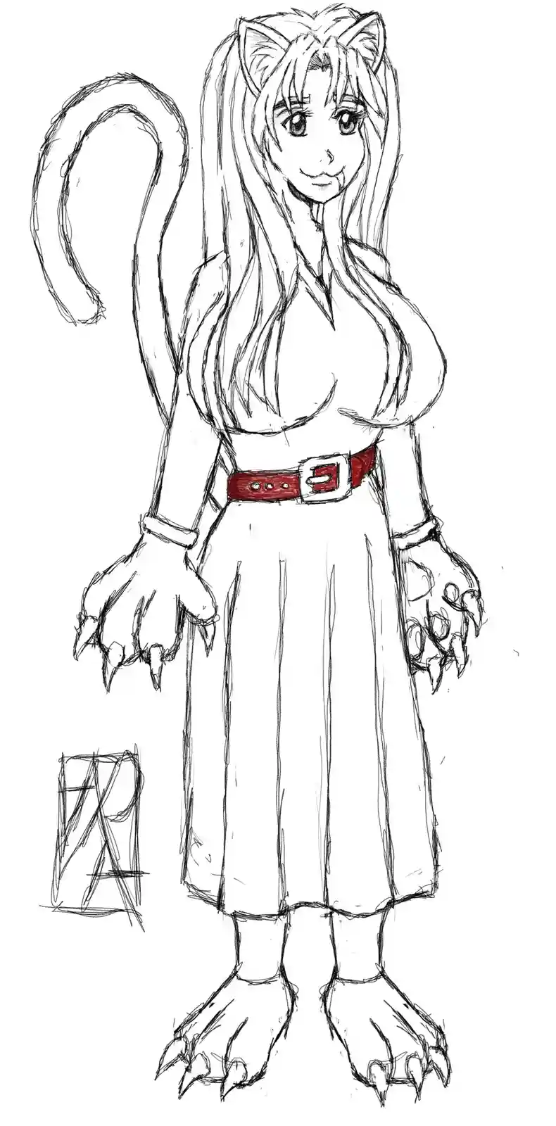 A black-and-white sketch of a humanoid female figure with cat ears, a long tail, and clawed hands and feet, wearing a dress…