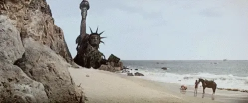 A sequence of six identical images shows a horse walking toward the Statue of Liberty, which is partially buried in sand on…