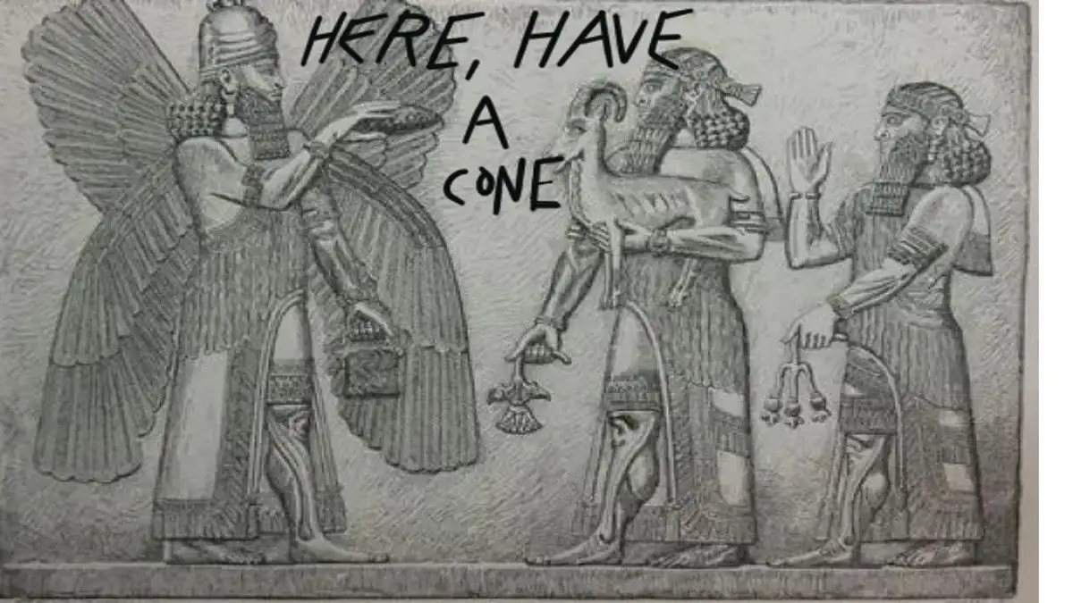 An ancient Mesopotamian relief depicts three bearded men in traditional attire, one with large wings and a crown, another…