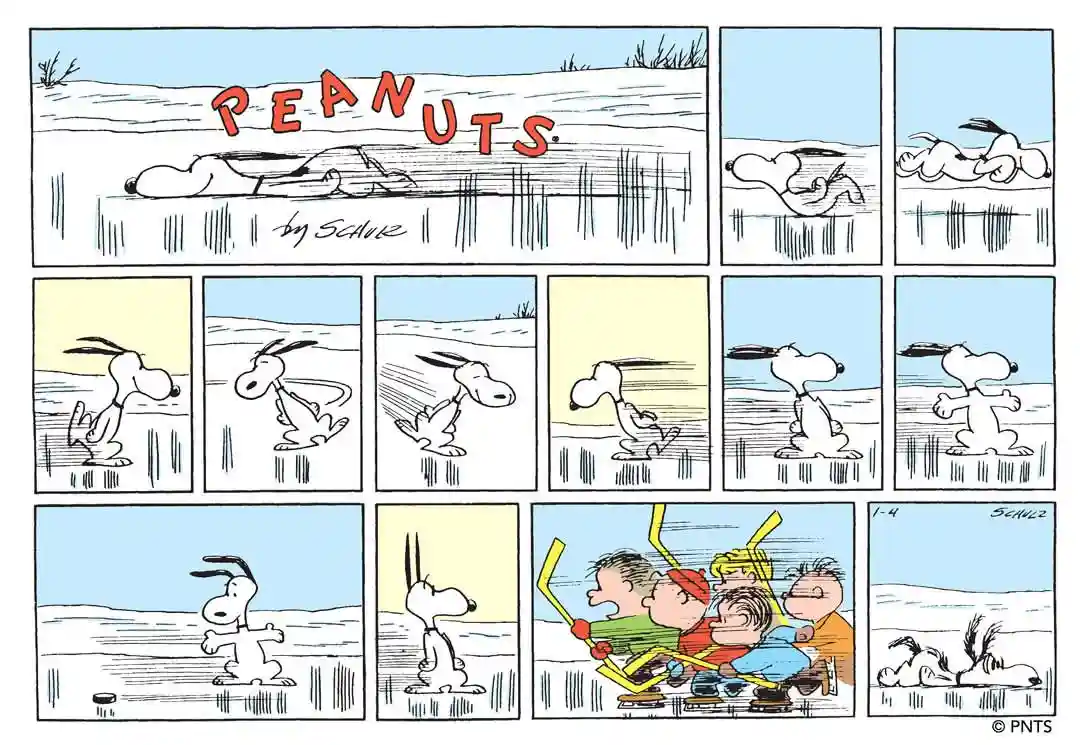 A Peanuts comic strip by Schulz shows Snoopy initially lying in the snow, then getting up, running, and eventually playing…
