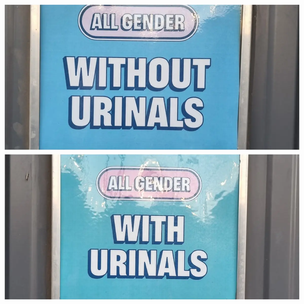 Two images show identical blue restroom signs with the text 'ALL GENDER' at the top and 'WITHOUT URINALS' or 'WITH URINALS'…
