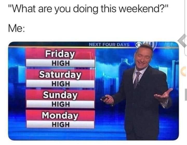 A weatherman in a suit smiles and gestures beside a weather forecast graphic showing 'Friday HIGH', 'Saturday HIGH', 'Sunday…