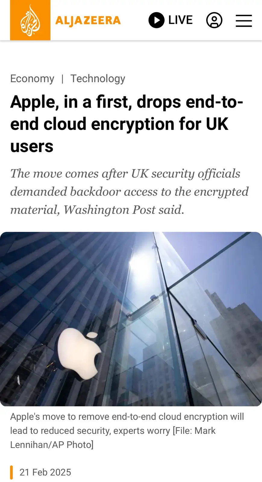 A screenshot of an Al Jazeera news article with a headline stating Apple has dropped end-to-end cloud encryption for UK…