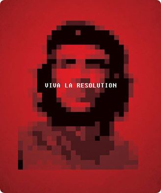 A pixelated, low-resolution image of a man with dark hair and a beard against a solid red background. The text 'VIVA LA…
