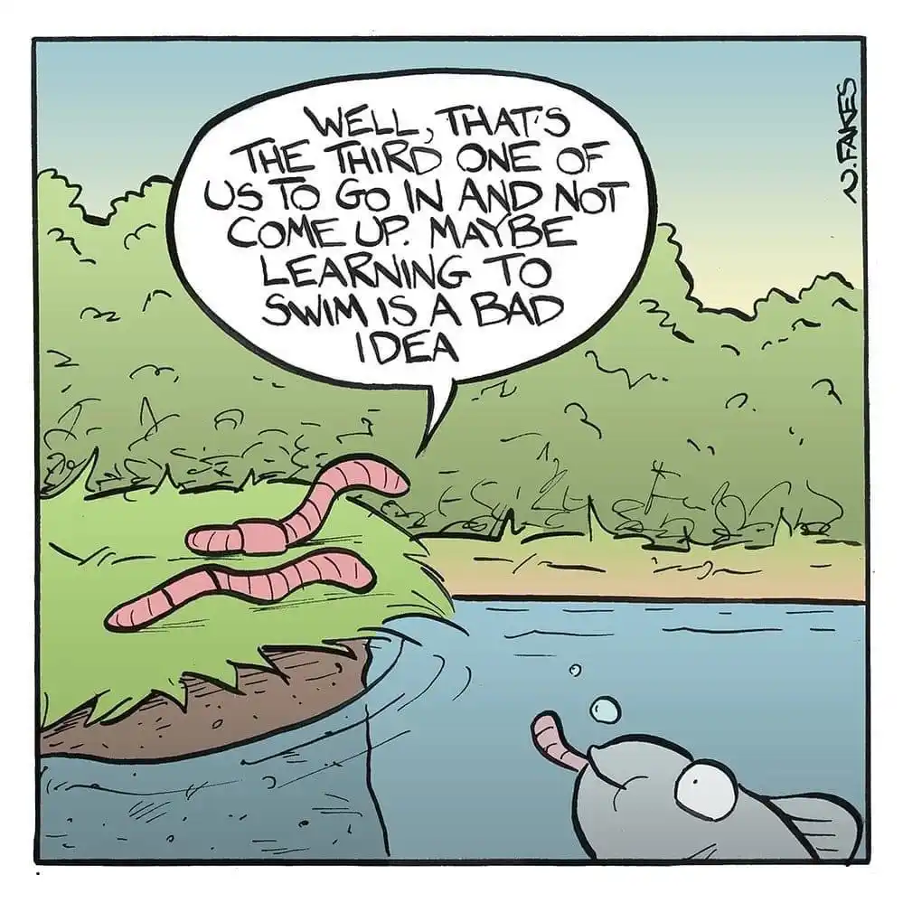 A cartoon depicts two pink worms on a grassy bank next to a body of water, while a gray worm is submerged underwater with…