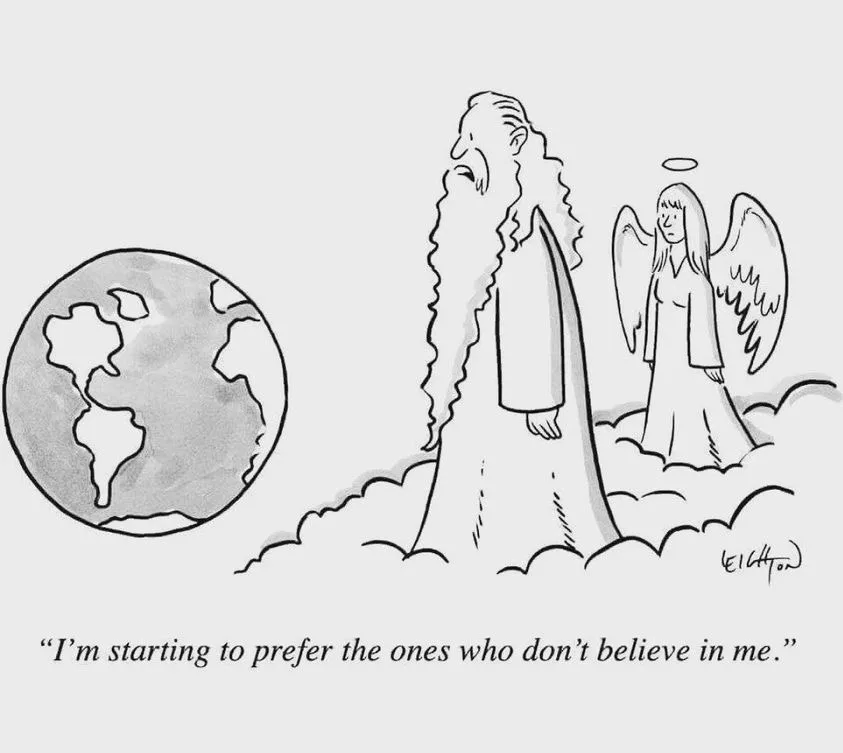 A black-and-white cartoon shows a bearded, long-robed figure resembling God standing on clouds next to a female angel with…