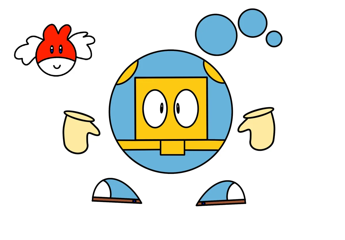 A cartoon robot with a blue spherical body, yellow square face, and wide eyes stands with its arms outstretched. Above its…