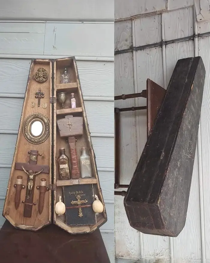 A split image shows a coffin open on the left, revealing religious items like a crucifix, holy bible, garlic, and bottles…