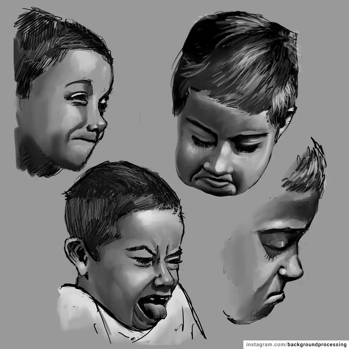 A black-and-white digital sketch shows four different facial expressions of a young child: one smiling, one frowning, one…