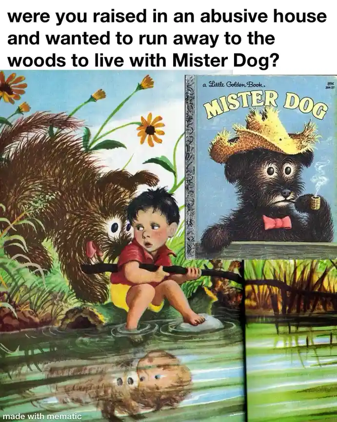 The image is a collage featuring a vintage illustration of a child sitting in water with a large, furry, friendly-looking…