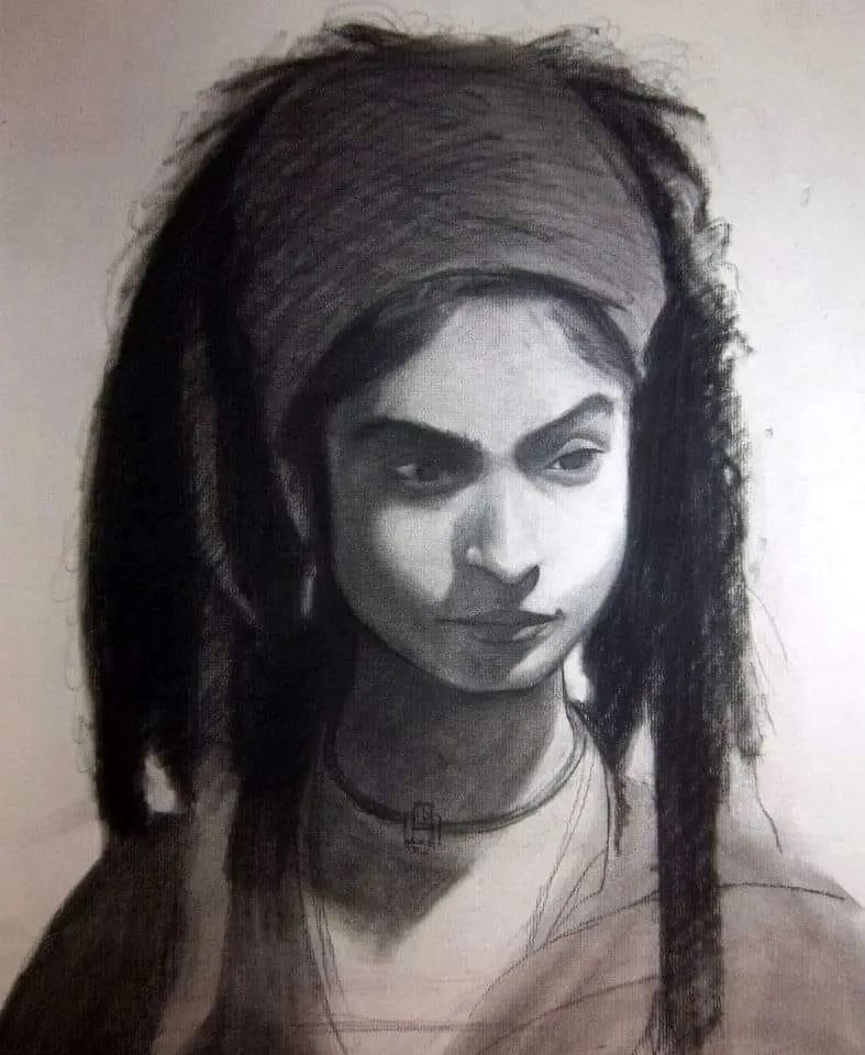 A black-and-white charcoal sketch of a young woman with long, dark hair partially covered by a headband, looking directly at…