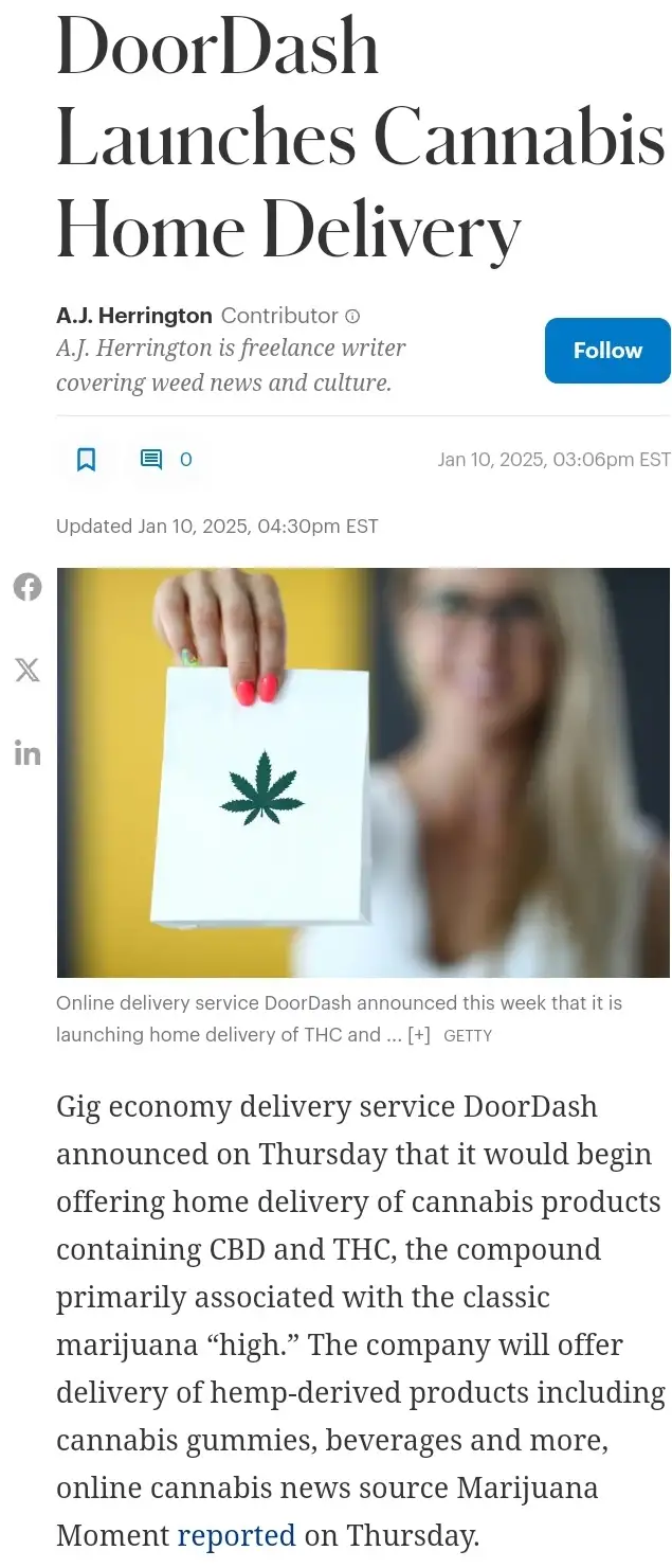 A screenshot of a news article titled 'DoorDash Launches Cannabis Home Delivery' shows a hand holding a white paper bag with…