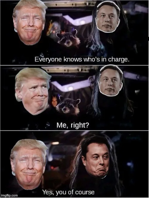 A three-panel meme featuring Donald Trump and Elon Musk superimposed over a scene from 'The Lord of the Rings' with a…