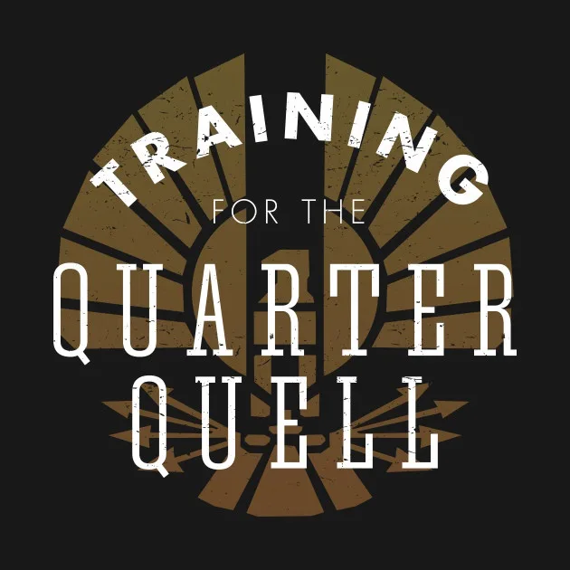 A black background features a brown, fan-like circular emblem with white, distressed text reading 'TRAINING FOR THE QUARTER…