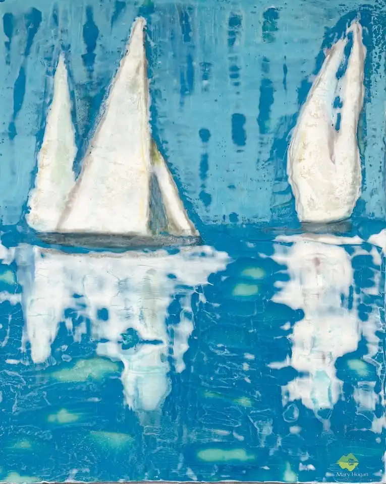 An abstract painting of three white sailboats on a textured blue water surface, with distorted reflections below. The…