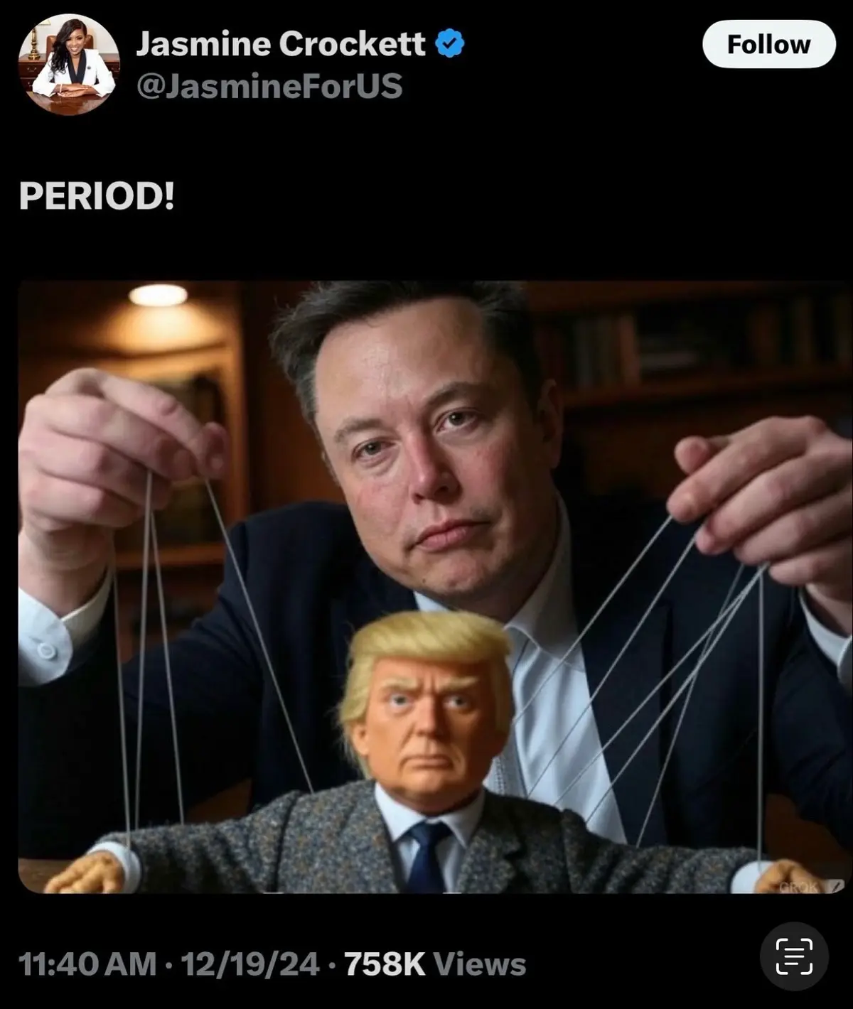 A screenshot of a tweet by Jasmine Crockett shows a photo of Elon Musk holding strings attached to a puppet resembling…