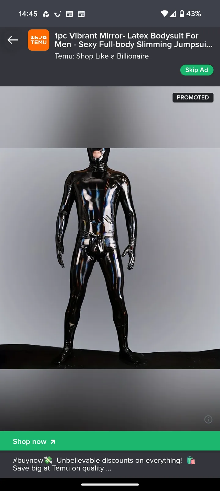 An advertisement screenshot from Temu shows a person in a shiny, full-body black latex bodysuit with a mask, standing…