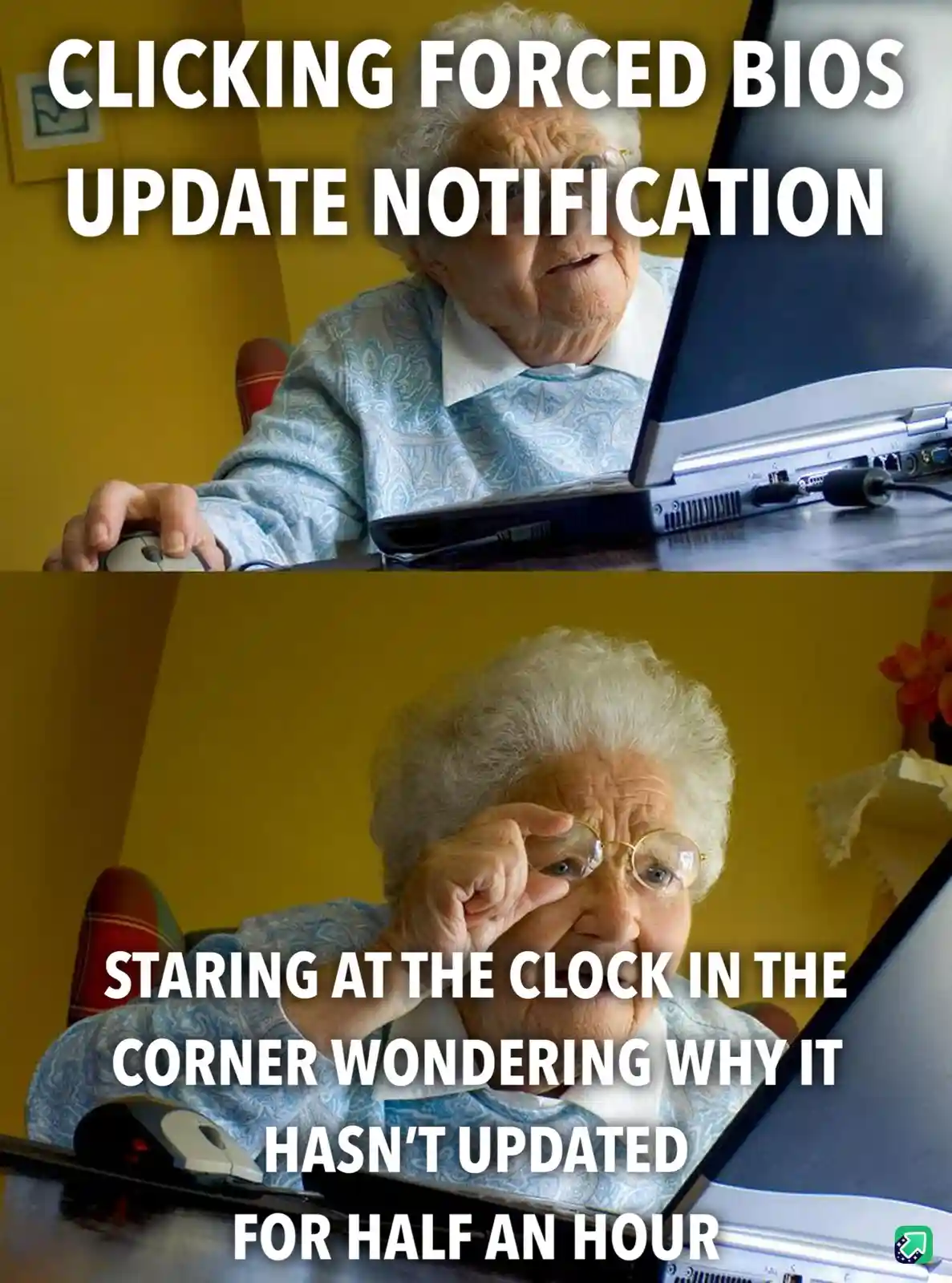 The image shows an elderly woman with white hair and glasses using a laptop. In the top panel, she clicks a notification…
