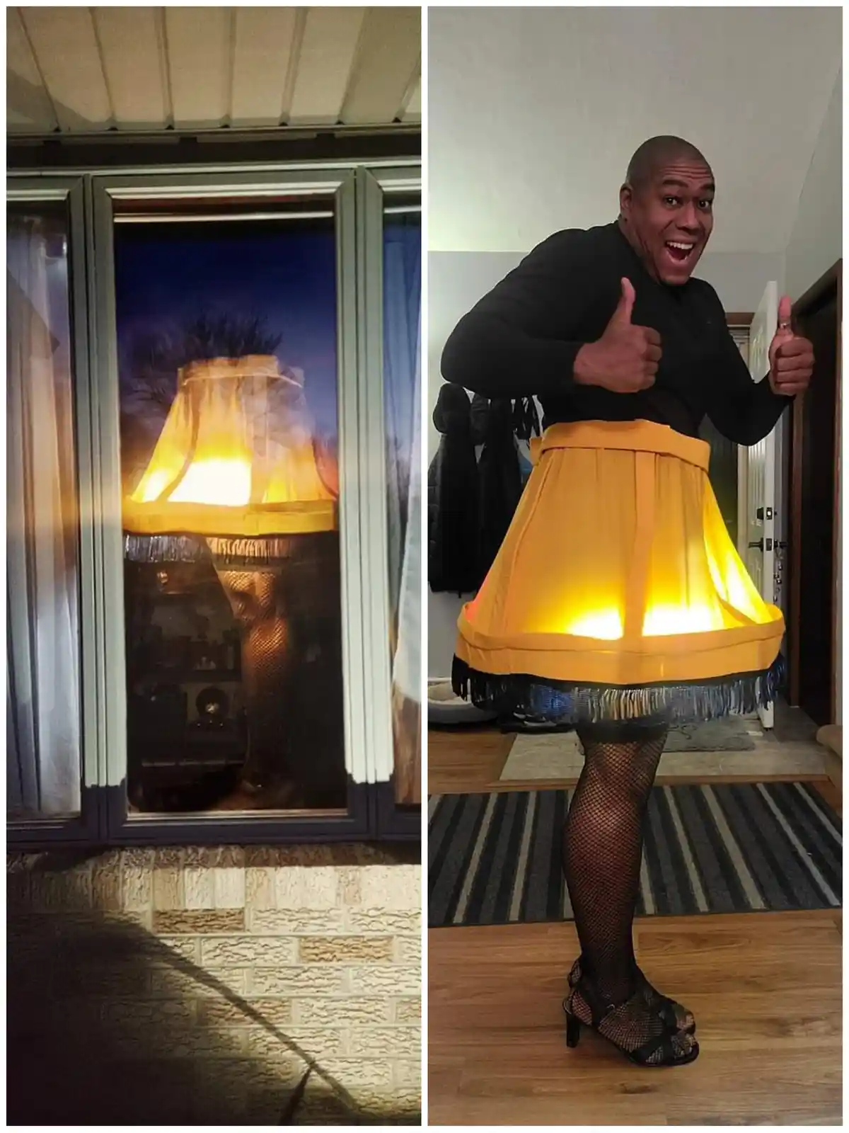 The image is a split-screen. Left: A lit, yellow, fringed lampshade is visible through a window, with a person's legs in…