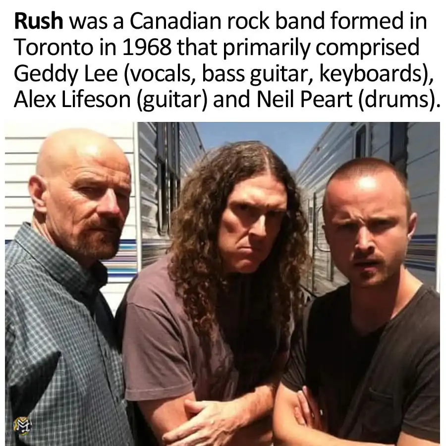 The image shows three men standing side-by-side with serious, intense expressions, arms crossed, in front of a row of…