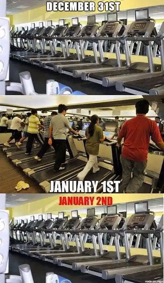 A three-panel meme showing a nearly empty gym with treadmills on December 31st, then crowded with people running on January…