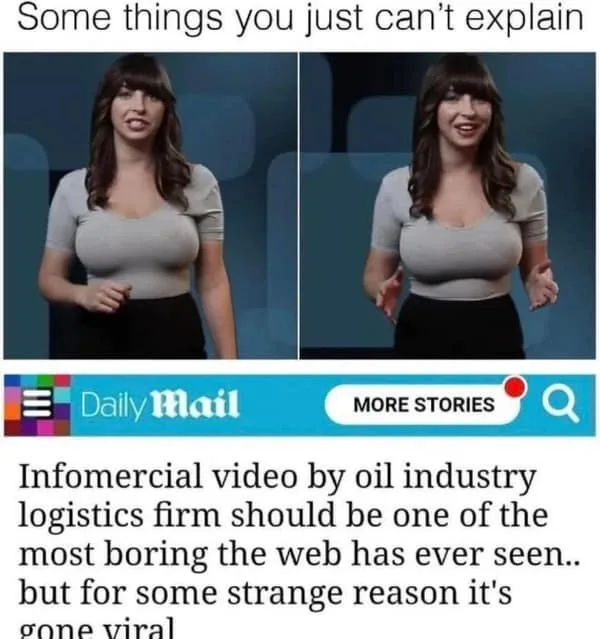 The image shows a split-screen of a woman in a gray top and black pants, with the top half displaying her with a neutral…