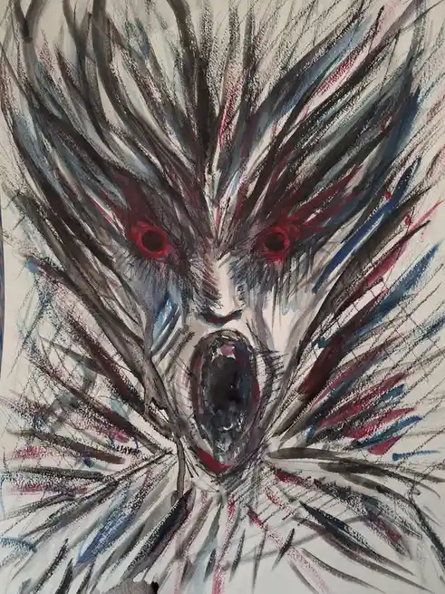 A hand-drawn, abstract illustration depicts a monstrous, screaming face with red eyes and spiky black, blue, and red hair…