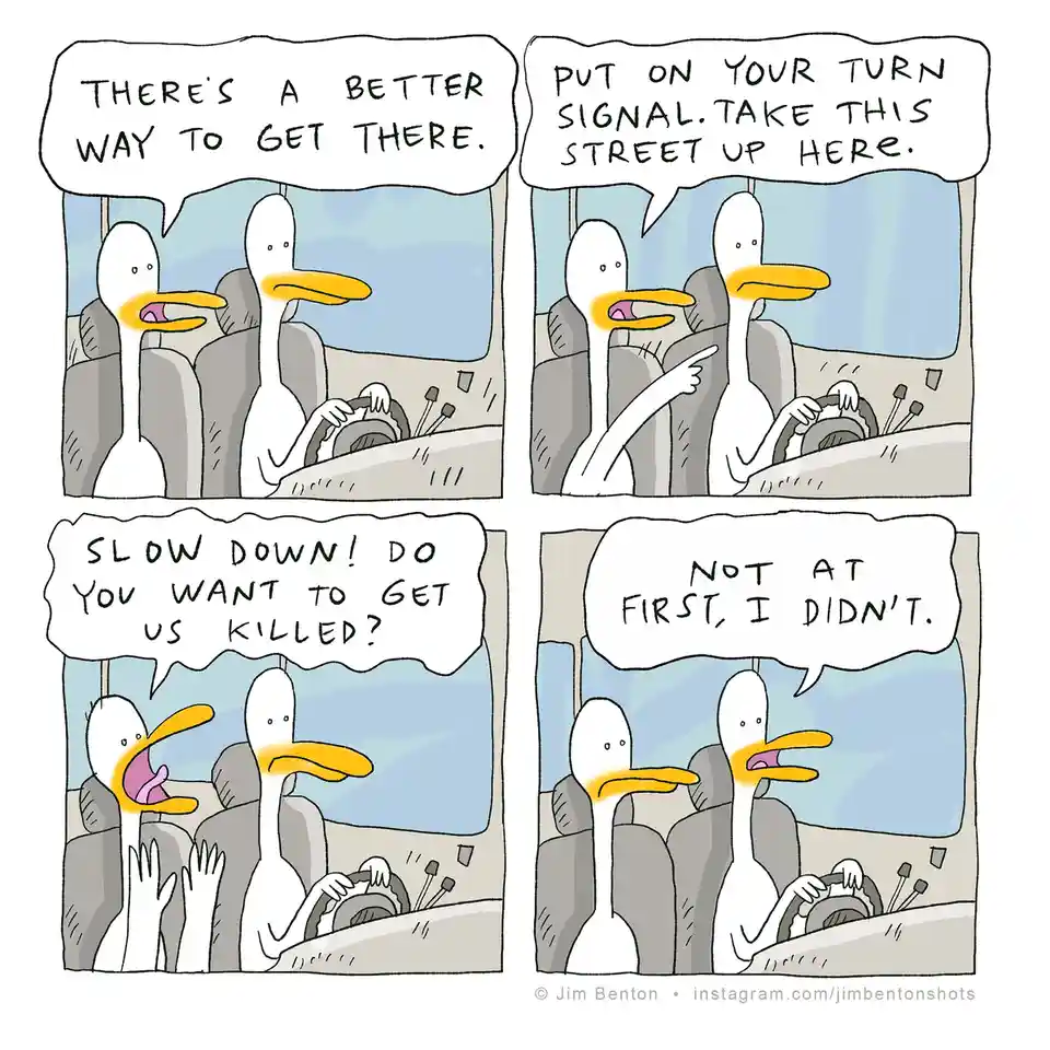 A four-panel comic strip featuring two anthropomorphic white ducks in a car. The passenger duck suggests a shortcut…
