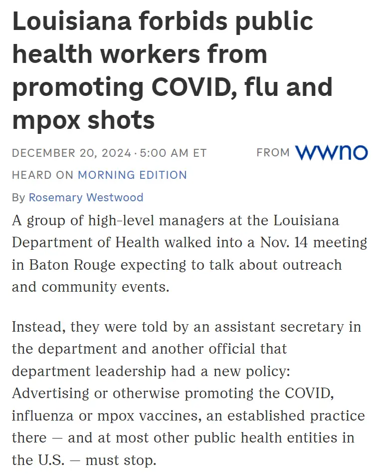A screenshot of a news article from WWNO dated December 20, 2024, reporting that Louisiana forbids public health workers…