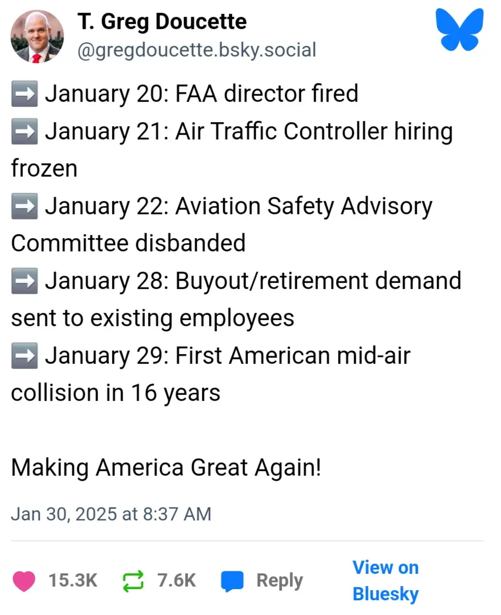 A Bluesky social media post by T. Greg Doucette lists a series of negative aviation-related events that occurred in January…