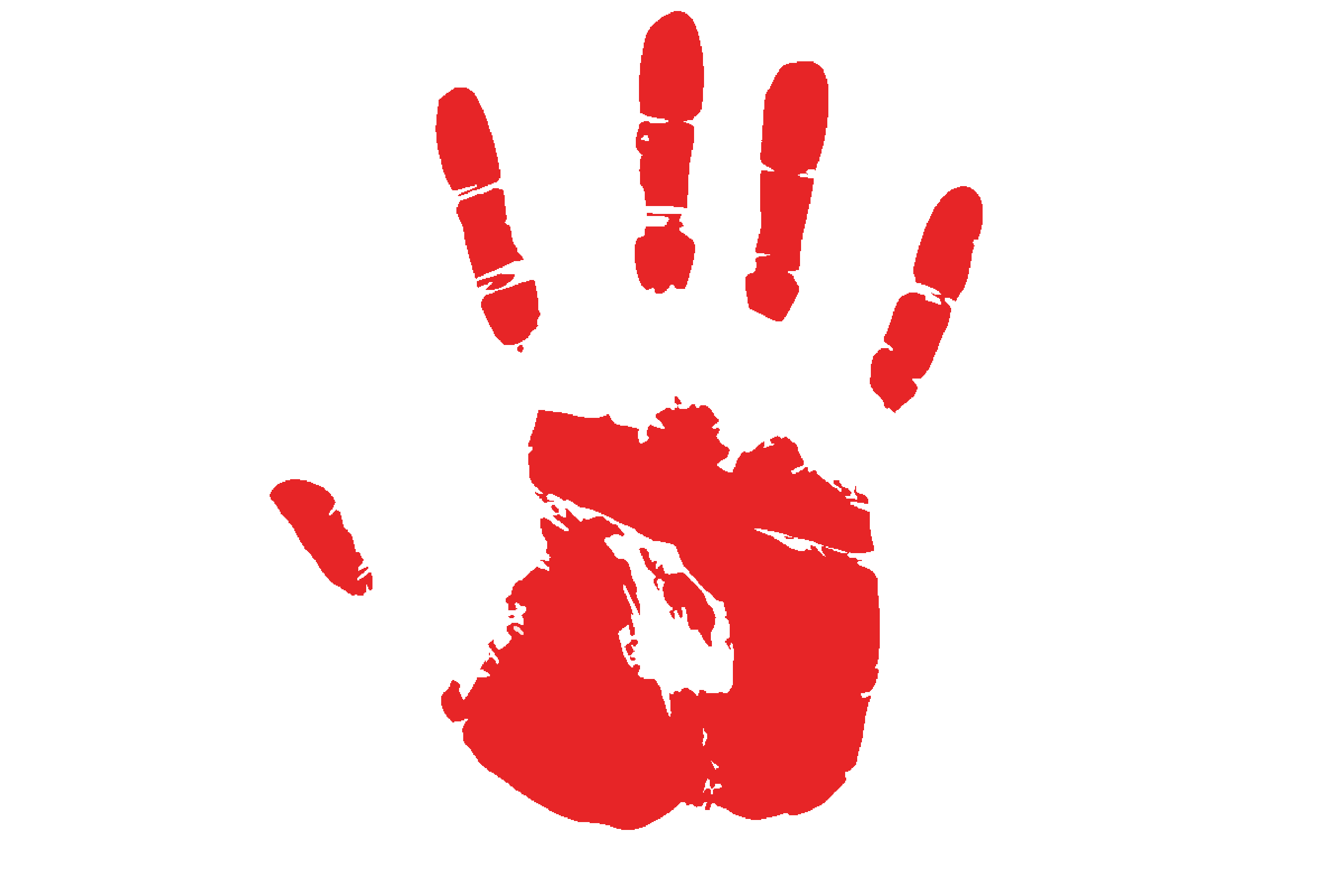 A red handprint is shown on a white background, with the thumb and fingers clearly visible. The image has no overlaid text…