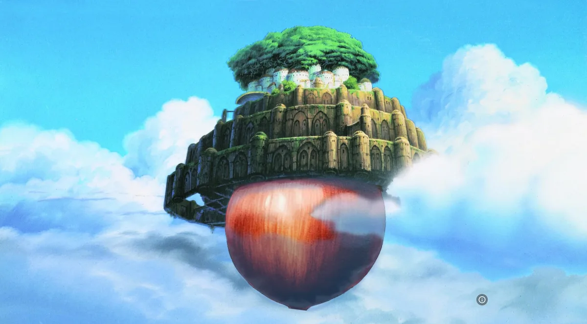 a floating island from the movie 'howl's moving castle' with a giant acorn underneath it, set against a blue sky with white…