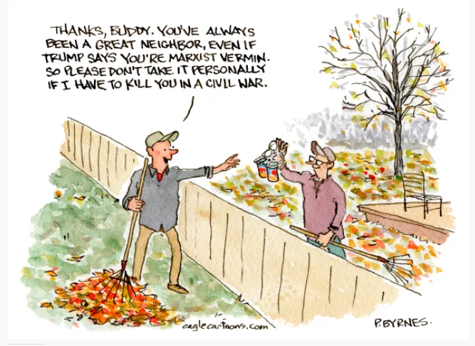 Two men are raking autumn leaves in a yard, one handing the other a bag of leaves. The text reads: 'THANKS, BUDDY. YOU'VE…
