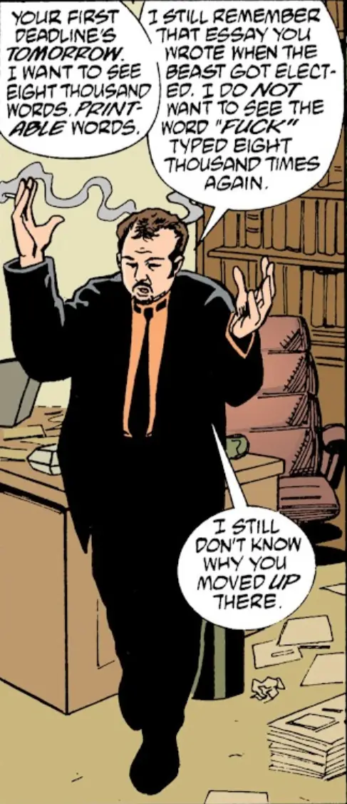 A comic panel shows a man in a suit standing in an office, visibly stressed with smoke rising from his head. Three speech…