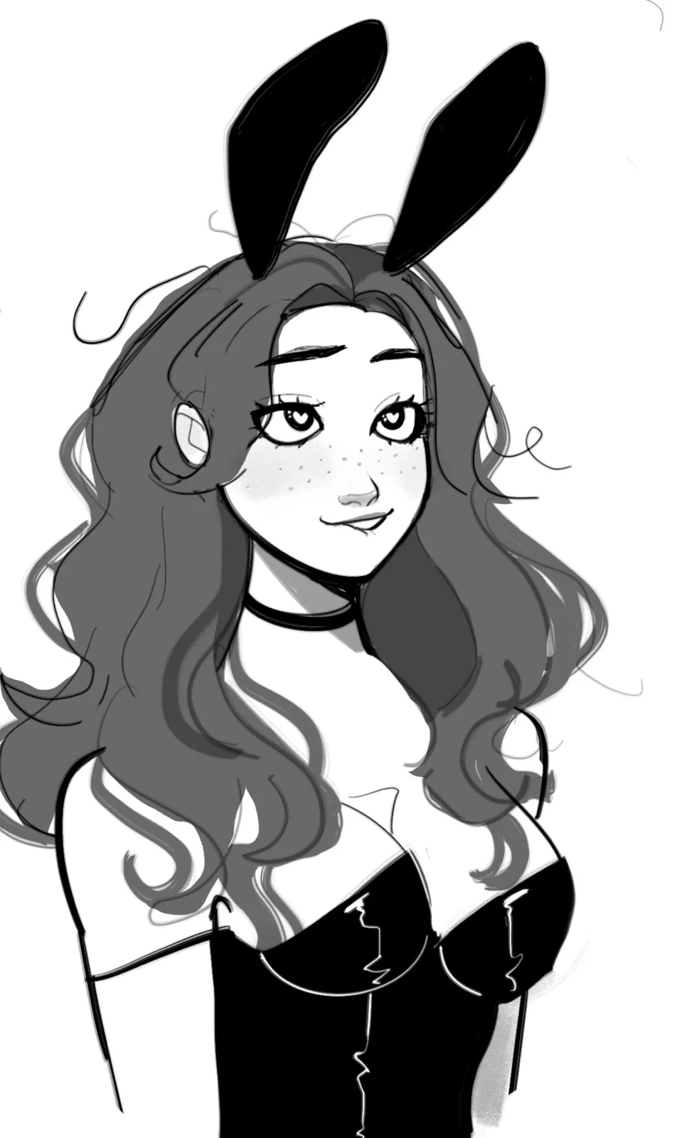 A black-and-white anime-style drawing of a young woman with long wavy hair, wearing bunny ears and a choker, smiling at the…