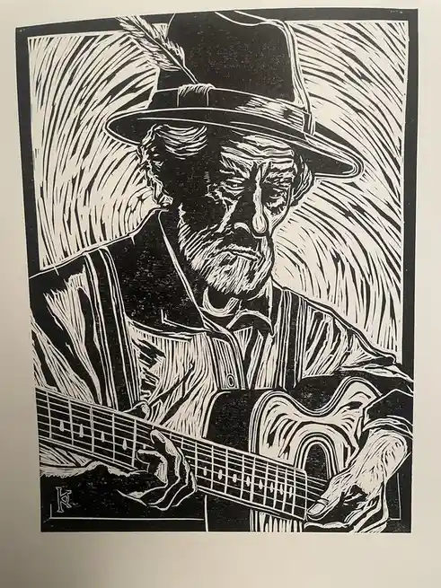 A black-and-white woodcut-style illustration depicts an elderly man with a beard and a wide-brimmed hat, intently playing an…