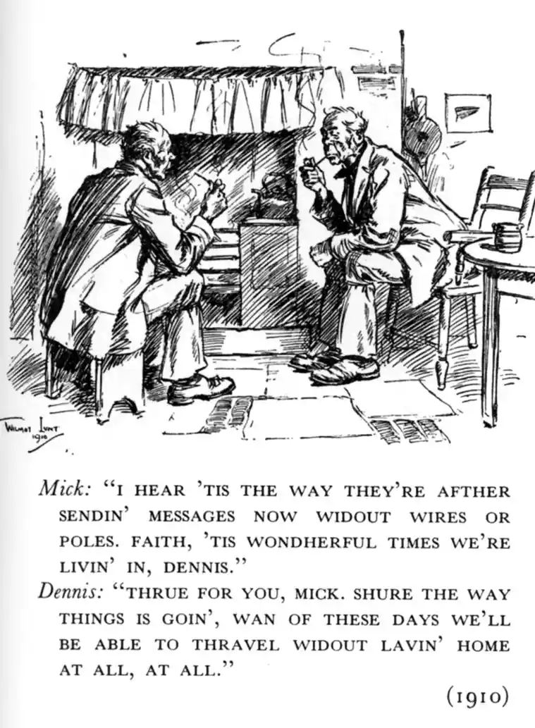 A 1910 black-and-white illustration shows two men in a rustic room, one seated by a fireplace and the other at a table, both…