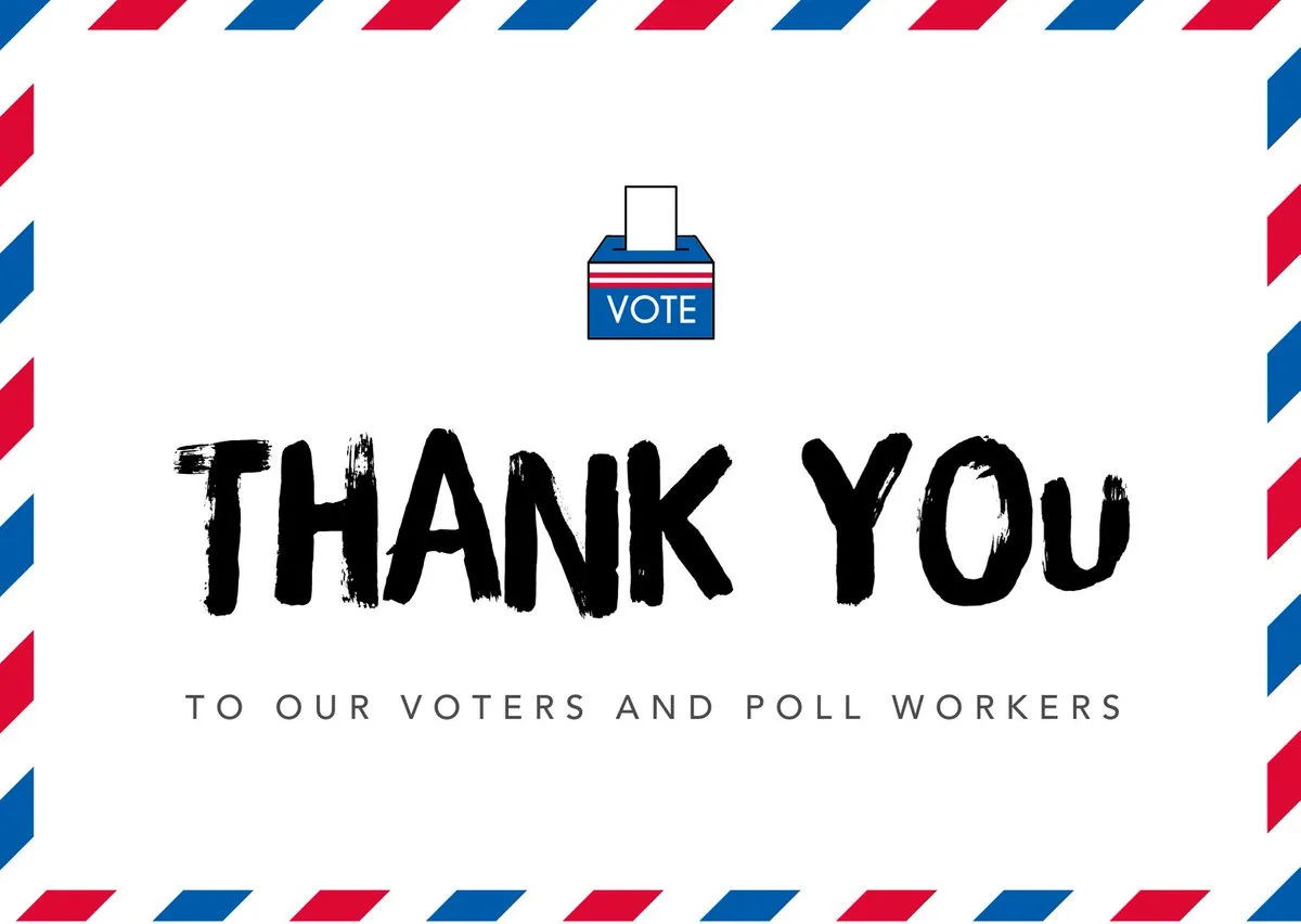 A graphic resembling a patriotic airmail envelope with red and blue diagonal stripes. Centered is a blue voting box with…