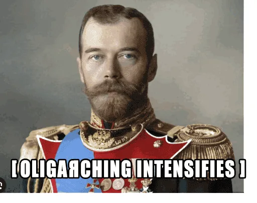 Six identical portraits of Tsar Nicholas II of Russia in ornate military uniform, each with the text '[OLIGARCHING…