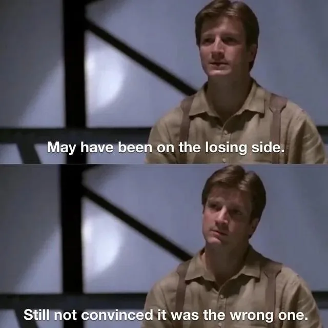 Two-panel meme featuring actor Nathan Fillion in a beige shirt and suspenders, looking thoughtful. The top panel has text…