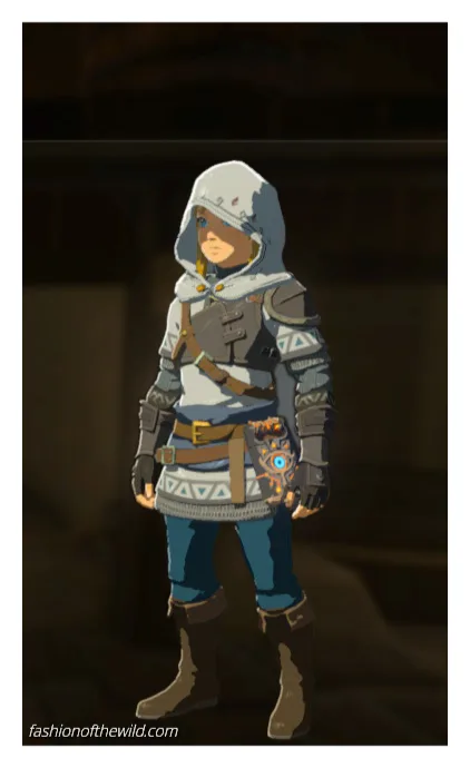 A character from The Legend of Zelda: Breath of the Wild, Link, stands in full armor with a hood up, holding a glowing blue…