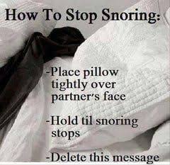 A close-up image of a white pillow and a black pillow on a bed, overlaid with text that humorously lists steps to stop…