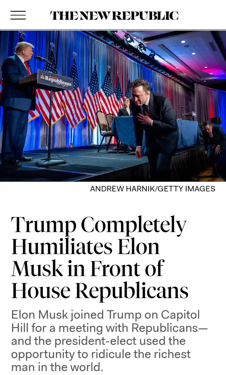 A photo shows Donald Trump standing at a podium labeled 'House Republicans' while Elon Musk appears to be bowing or reacting…