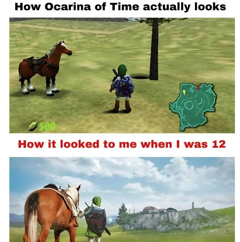 The top panel shows a low-resolution, pixelated scene from The Legend of Zelda: Ocarina of Time, featuring a young Link in a…