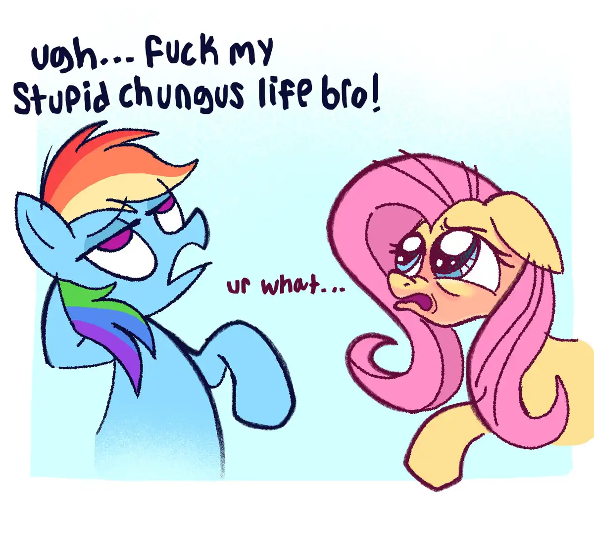 A cartoon drawing shows two pony characters: a blue pony with rainbow hair looking angry and shouting, and a pink pony with…