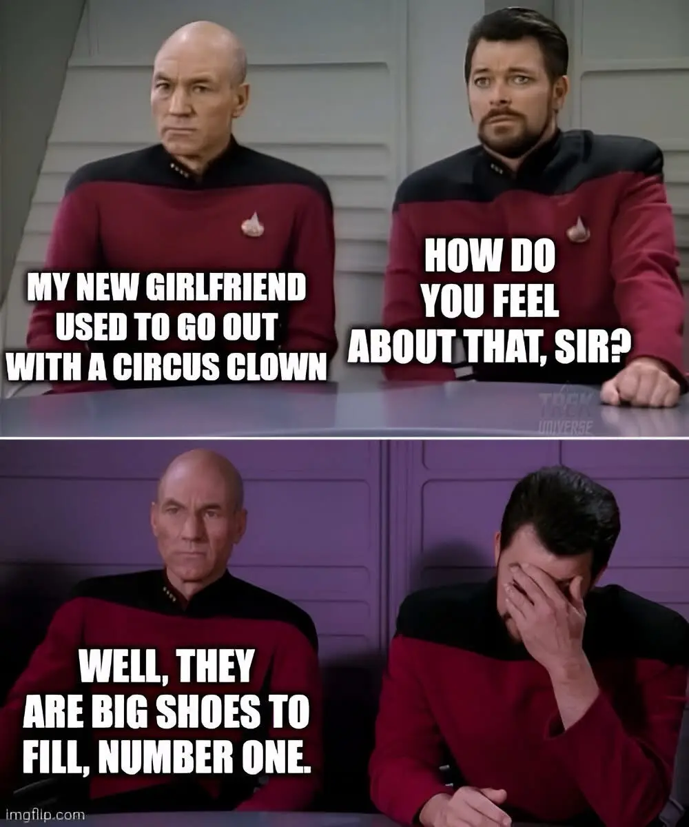 Two panels from Star Trek: The Next Generation show Captain Picard and Commander Riker. In the top panel, Riker asks Picard…