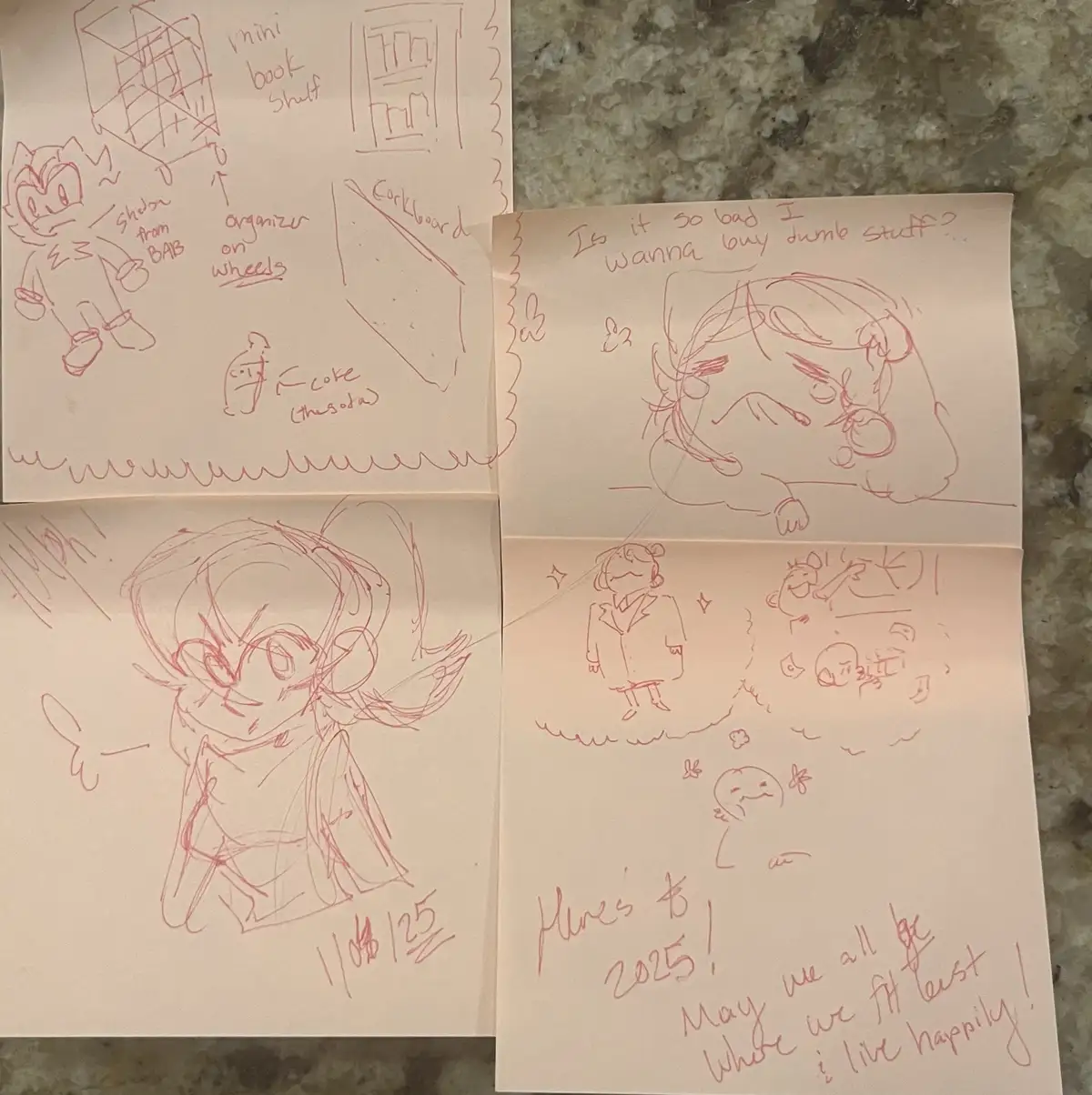 Four hand-drawn sketches in red ink on paper show a character planning a future home with labeled items like 'mini book…